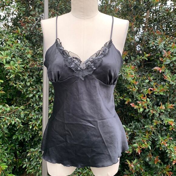 Vintage 90s Y2K Timing USA Black Camisole Tie Back Silky Tank Top Lace USA Made - Picture 1 of 7